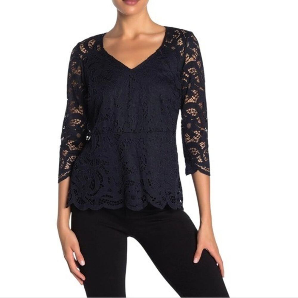 Nanette Lepore Navy Floral Lace V-Neck 3/4 Sleeve Top Shirt NW0S11WF4 XS NEW